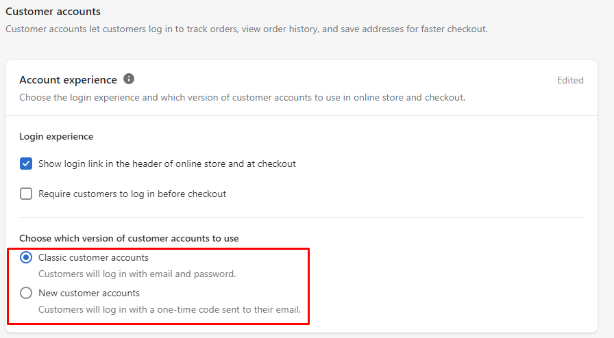 checkout and account Shopify setting